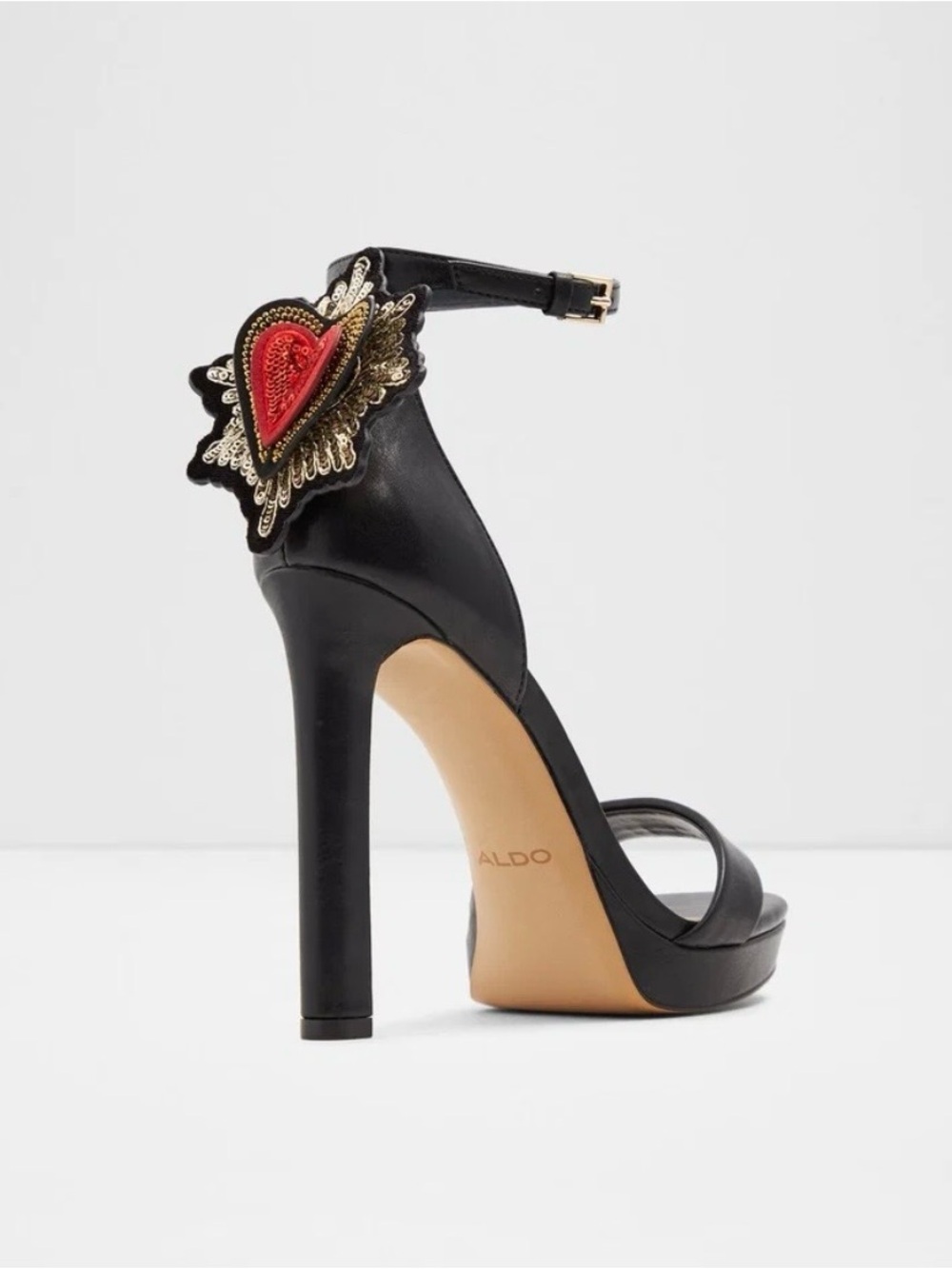 Valentini Aldo Black High Heel Sandals with Red and Gold Heart Accent